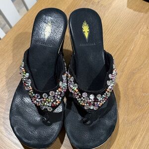 Volatile Black Jeweled Thong Sandals with Multicolor Gems